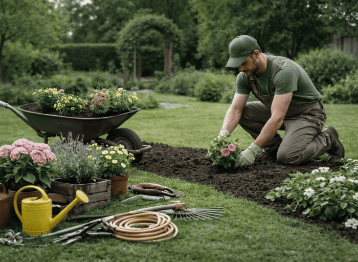 Mann pflanzt Blumen in ein Gartenbeet, umgeben von Werkzeugen.
