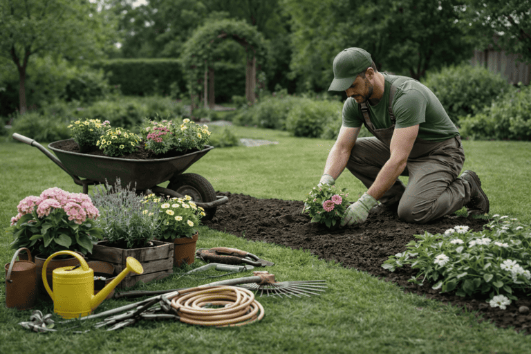 Mann pflanzt Blumen in ein Gartenbeet, umgeben von Werkzeugen.