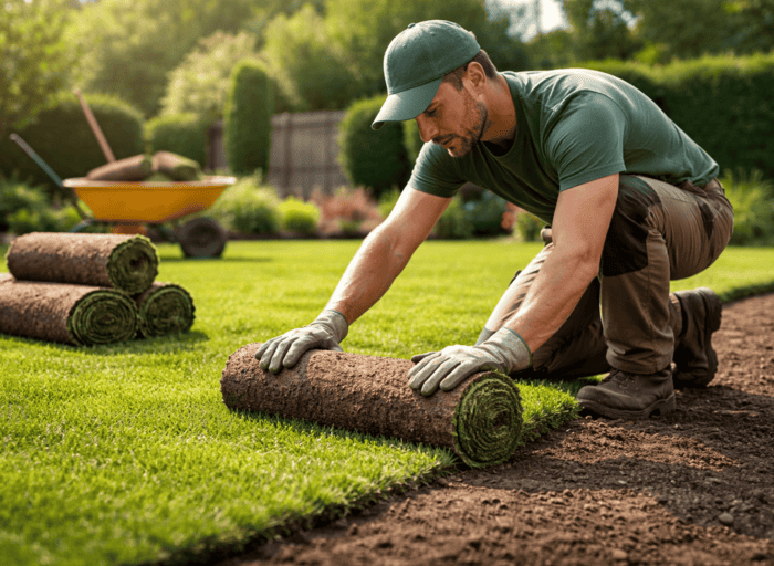 Mann verlegt im Garten Rollrasen