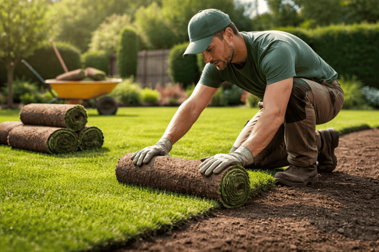 Mann verlegt im Garten Rollrasen